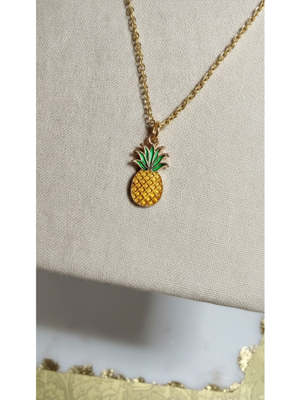 Gold Tone Pineapple Pendant Necklace with Green Enamel Leaves
